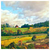 semielliptical: autumn landscape with fields and fluffy clouds in a blue sky (landscape)