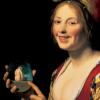 randomfatechidna: smiling girl, a courtesan, holding an obscene image (obscene)
