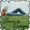 reeby10: the lower half of a person laying on grass and reading with the words 'time to escape' and a ripped looking border (reading)
