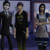crossover_chick: a picture of Sims 4 versions of Victor Van Dort and Alice Liddell standing with OC Smiler Alton (Caucausian, black hair, bright yellow eyes) (OT3: Valicer Trio)