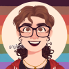 banah: Picrew of myself against a rainbow pride flag background (tommy/kate hearts)