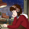 ravensilversea: A Lo-Fi version of me writing at desk and wearing headphones. Nightime cityscape and a tabby cat are visible in the background (Main Avatar)
