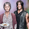 tarlanx: Carol holdign a plate of cookies with Daryl standing next to her on a pink textured background (TV - The Walking Dead 5 - Carol-Daryl)