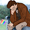 elisi: Edwin on a bench, with a pride flag, head in his hand (Tired)