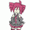 circii: rough animation of pink haired anime girl with drill style twintails in a dark grey sleeveless top and skirt with a pink trim doing a little jig. (teto dance)
