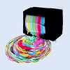 tehkittykat: a test pattern melting out of a tv into the world (threadless; color tv)