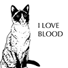 azaya: cartoon cat staring into the distance with the words 'i love blood' floating beside it. (i love blood)
