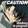 chomiji: Shigure from Fruits Basket, holding a pencil between his nose and upper lip; caption CAUTION - Thinking in Progress (shigure-thinking)