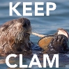 resonant: otter floating on its back, eating a clam. Text: KEEP CLAM (keep clam)