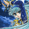 down: Manga image of Umi from Magic Knight Rayearth, holding her sword above her head and poised to attack. (Umi determined)