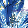 down: Manga image of Umi and the dragon Selece from Magic Knight Rayearth, her hand on his nose, dressed in her armour (Selece)